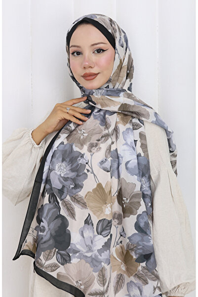 sefamerve Wzorzysty szal z bawełny 70323-12 Czarny vizon