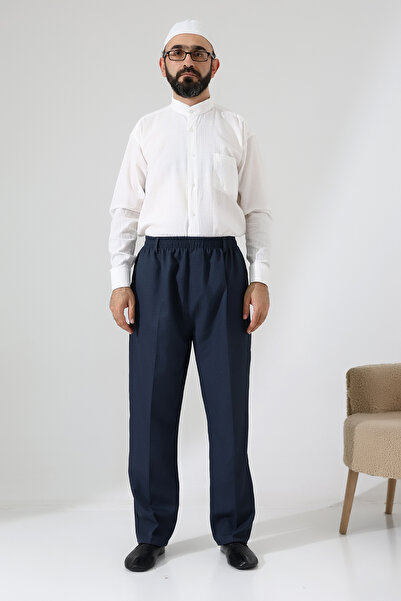 ihvan online Men's Hajj Umrah Graf Checkered Fabric Trousers with Elastic Waist and Pockets - Blue (Isr)