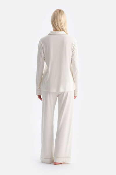 Eros Ecru Satin Detailed Shirt and Pants Set