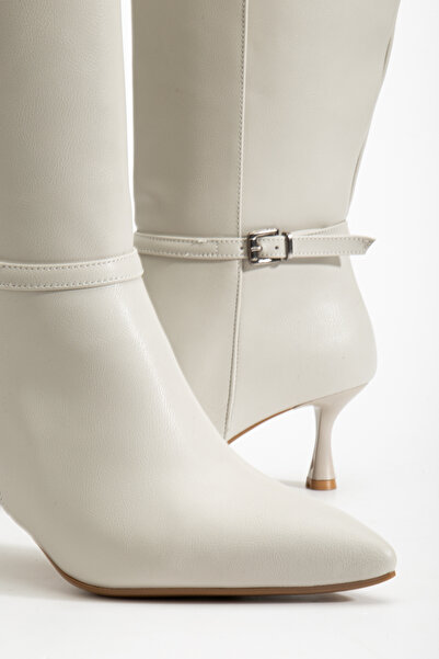 RİSSOLİ Γυναικείες μπότες με λεπτό τακούνι σε μπεζ δέρμα με μυτερή μύτη