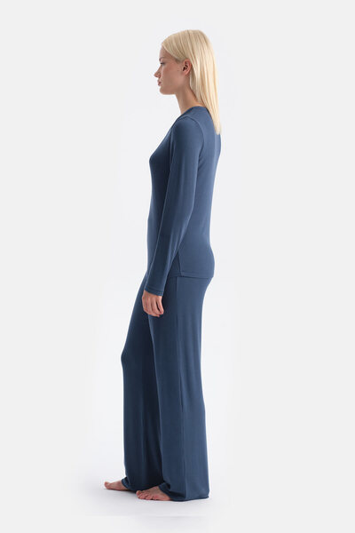 Eros Indigo Long Sleeve Kaşkore T-Shirt Pants Set