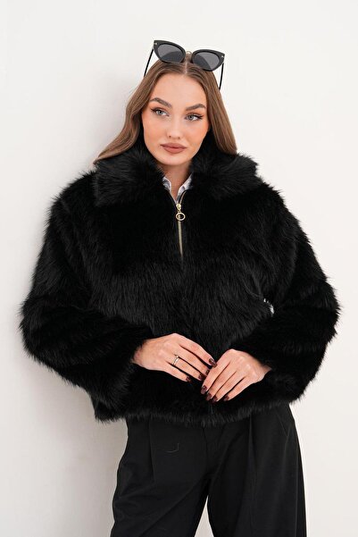 Flame İstanbul Butik Guler cu fermoar în față, scurt, negru haină de blană artificială SRP1132