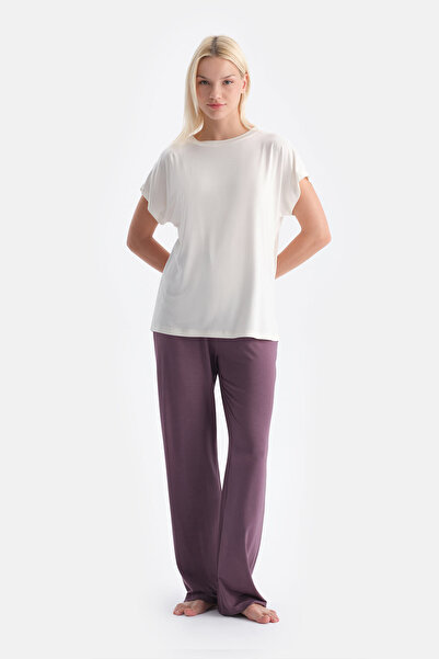 Eros Ecru Boat Neck Low Sleeve T-Shirt Pants Set