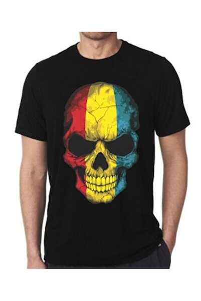 OEM Tricou negru, craniu în culorile drapelului românesc, mărime S