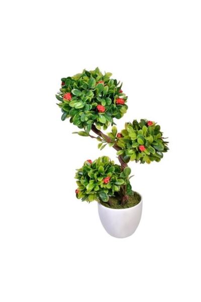 Topi Floare artificială decorativă în ghiveci, bonsai înflorit cu flori roșii și frunze verzi, înălțime 30 cm