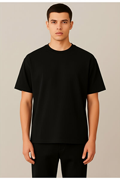 WİDİ تي شيرت أسود كبير الحجم مصنوع من القطن بنسبة 100% مريح وواسع ذو رقبة دائ...