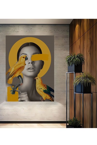 Teona Ahşap Tablou decorativ din lemn dreptunghiular cu păsări galbene și femeie