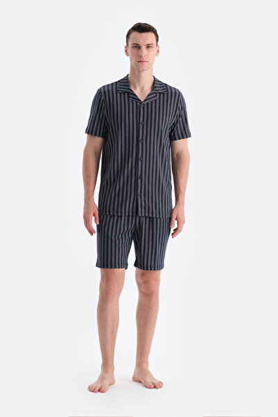 Eros Navy Blue Meterage Printed Short Sleeve Shirt Shorts Set