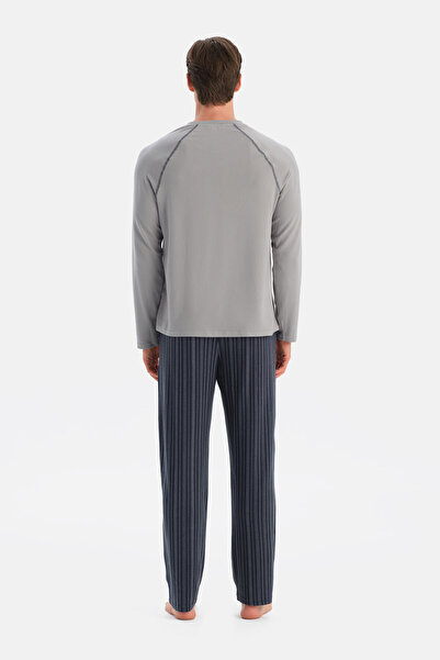 Eros Gray Stitching Detailed Crew Neck Thermal T-Shirt Pants Pajama Set