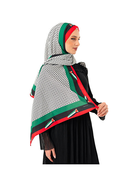 Zaytoon Palestinian Shawl Keffiyeh Patterned Without Tassels Palestinian Shawl with Palestinian Flag Border S100048