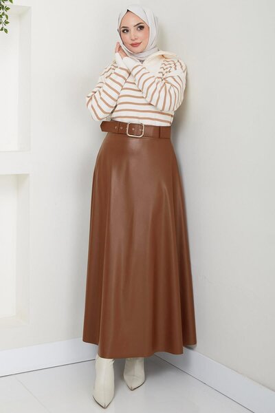 hafsamina Δερμάτινη φούστα με ζώνη καφέ HM2641