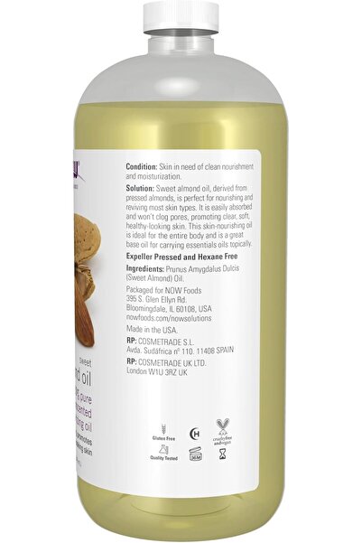 Now Foods Sweet Almond Oil, Moisturizer for All Skin Types, 946 ml (1 Bottle)