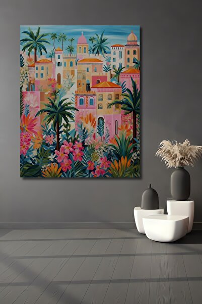 Teona Ahşap Tablou decorativ din lemn dreptunghiular oraș tropical colorat