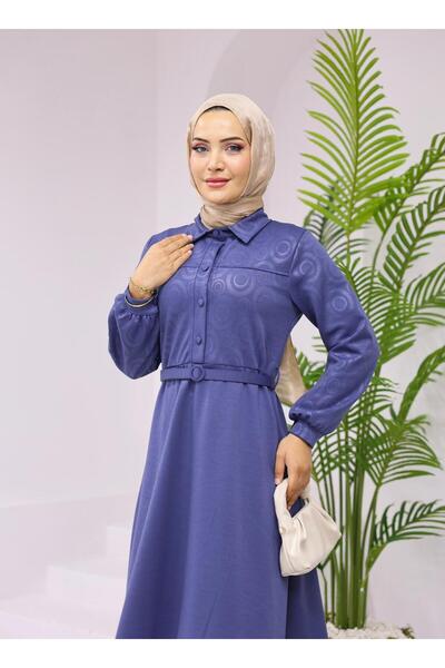 QUAWEAR Shirt Collar Cuffed Buttoned Sleeves Belted Top Size Printed Imported Knitted Fabric Full Length Dress