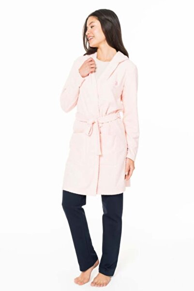 U.S. Polo Assn. Women's Long Thin Soft Fleece Robe S26127 with Hood with Belt with Pockets