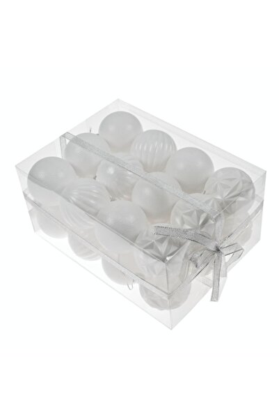 DECO Set of 24 Christmas baubles, white color, 6 cm diameter, assorted designs, made of plastic