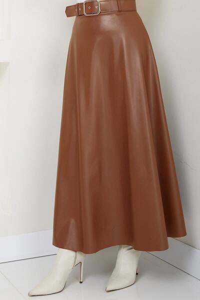 hafsamina Δερμάτινη φούστα με ζώνη καφέ HM2641