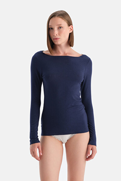 Eros Navy Blue Modal Cashmere Boat Neck Long Sleeve Top