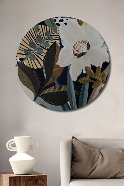 Teona Ahşap Tablou decorativ rotund din lemn cu flori albe și frunze