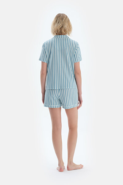 Eros Ada Çayı Çizgi Baskılı Nakışlı Pamuk Modal Gömlek Şort Pijama Takımı