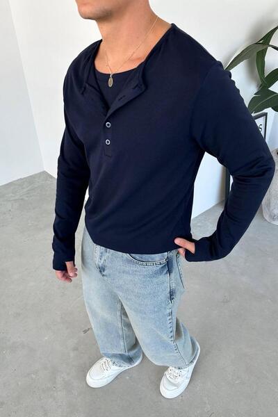 HAFKAGİYİM Μπλουζάκι με μακρυμάνικο μπλουζάκι με κουμπιά σε μπλε ναυτικό χρώμα