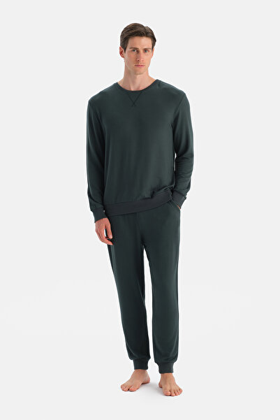 Eros Dark Green Stitching and Tape Detail Long Sleeve T-Shirt Pants Pajama Set