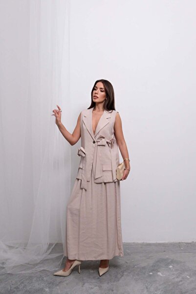 Hatun Atila Trend Double Breasted Tie-Up Vest and Long Skirt Set D004 - Beige