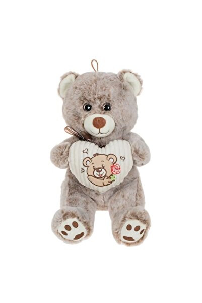 ANTBRO Plush Toy Bear with Very Soft Texture, Gray/Beige Color, Heart Embroidery, 28 cm