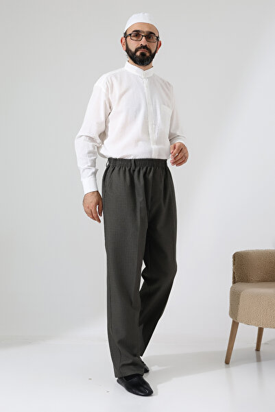 ihvan online Men's Winter Graf Checkered Fabric Baggy Trousers with Elastic Waist and Pockets - Earth (Isr)