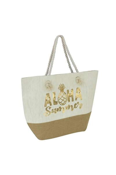 Nebunici Beach bag, jute, sequin pattern Aloha Summer, beige, 55 x 18 x 39 cm,