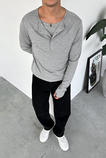 HAFKAGİYİM Μακρυμάνικο μπλουζάκι με γκρι κουμπιά με λαιμόκοψη