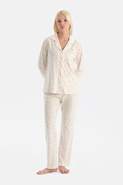 Eros Ecru Floral Patterned Shirt and Pants Set