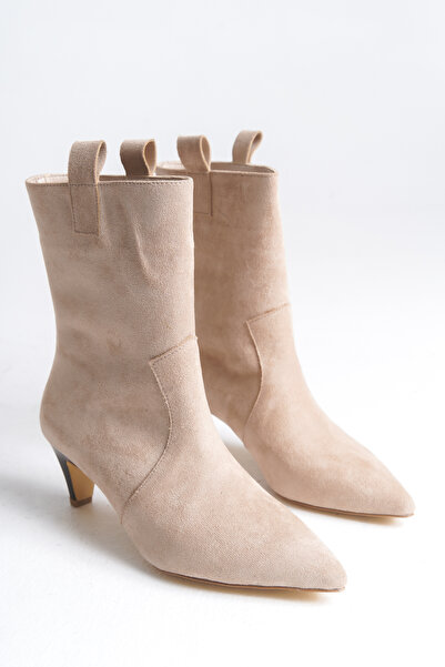 LDR Γυναικείες μπότες με μυτερή μύτη σε μπεζ σουέντ με τακούνι