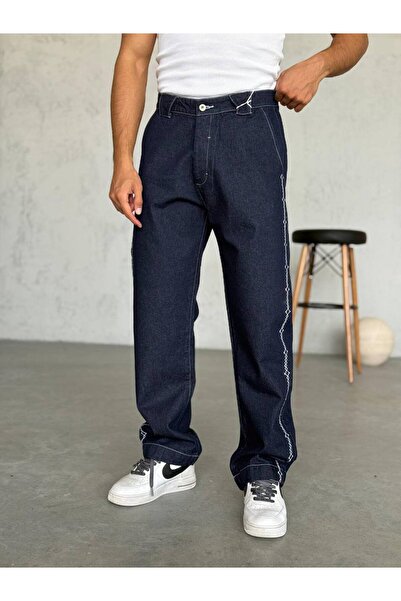 Gambocci Men's Premium Navy Blue Wide Long Baggy High Waist Trousers with White Embroidery Detail on the Side