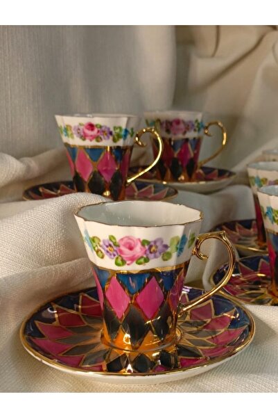 BY.RAYKA PORSELEN El Dekor Demet Porselen El Boyama 6Li Kahve Fi̇ncan Takimi