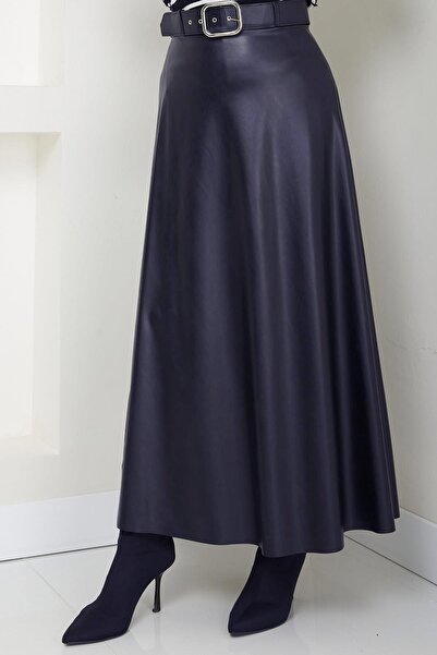 hafsamina Δερμάτινη φούστα με ζώνη Navy Blue HM2641