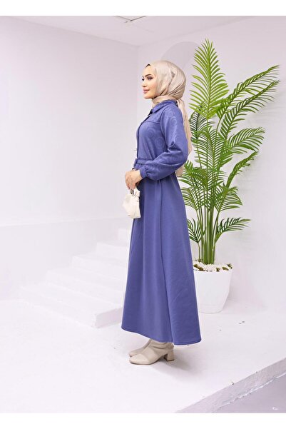 QUAWEAR Shirt Collar Cuffed Buttoned Sleeves Belted Top Size Printed Imported Knitted Fabric Full Length Dress