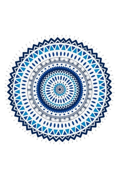 ANTBRO Round Beach Towel Antbro®, Aztec Design, Blue/White with Fringes, 150cm