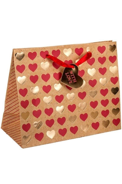 OEM Pungă cadou kraft maro cu inimioare roșii și aurii 23x18x10cm
