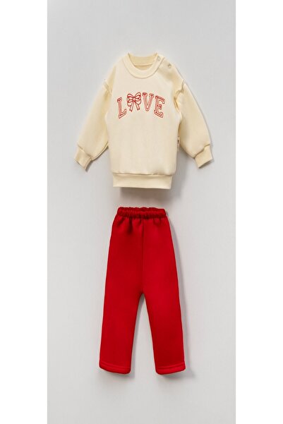 dinamik çocuk Kız Bebek LOVE Nakışlı 2’li Takım Sweatshirt ve Eşofman Altı 3iplik Şardonlu Kışlık 6-24ay