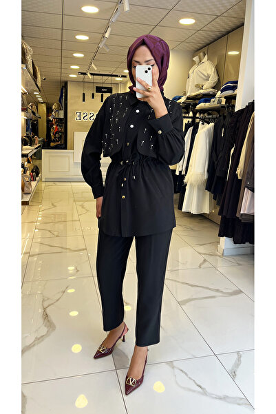 Vosse Moda İlgi Siyah Beli Büzgülü Taş Detaylı Takım