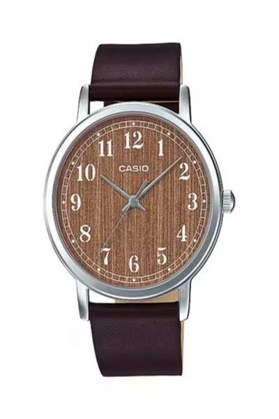 Casio Men's Analog Minimalist Wood Pattern Dial Leather Band Watch-MTP-E145L-5B2DF (Brown)