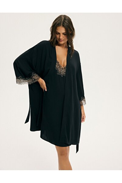 ESOTIQ Halat de casă pentru femei, stil kimono elegant, cu dantelă florală, 100% viscoză | Cotti