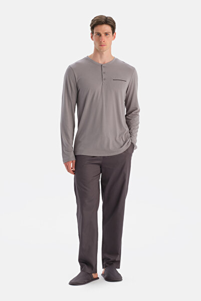 Eros Gray Travel T-Shirt Cotton Satin Pants Pajama Set