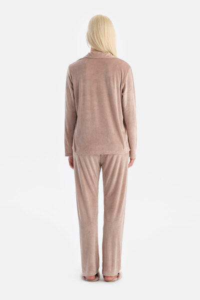 Eros Light Pink Travel Ribbed Velvet Shirt Pants Pajama Set