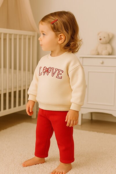 dinamik çocuk Kız Bebek LOVE Nakışlı 2’li Takım Sweatshirt ve Eşofman Altı 3iplik Şardonlu Kışlık 6-24ay