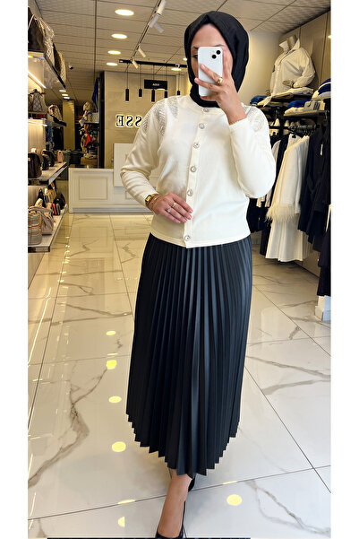 Vosse Tığ Triko Ekru Omuz Taşlı Hırka