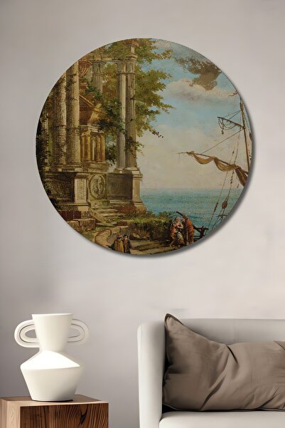 Teona Ahşap Tablou decorativ rotund din lemn, ruina pe malul mării