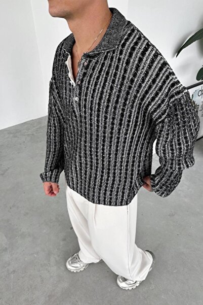 HAFKAGİYİM Μαύρο πλεκτό πουλόβερ με μοτίβο Premium Oversize με λαιμόκοψη πόλο