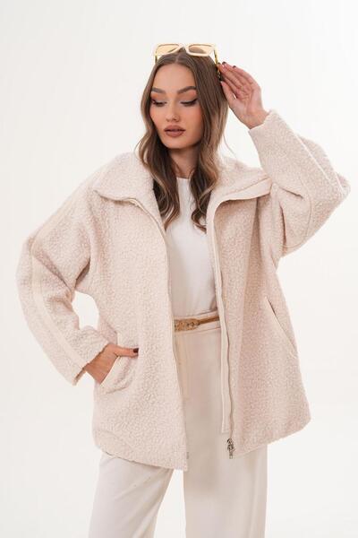 Flame İstanbul Butik με ρέλι Μακρύ σγουρό κρεμ παλτό με φερμουάρ μπροστά SRP1200